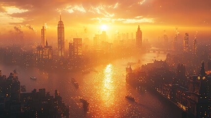 Futuristic NYC Sunset River View