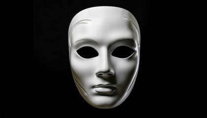  glossy white expressionless face mask on black background for halloween branding, horror web design, surreal print artwork, or mysterious identity concept illustration
