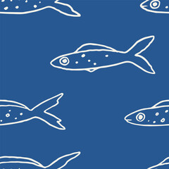 Sardines seamless pattern with hand-drawn sardine fish under water in navi blue color. Nautical pattern. Cute vector sea theme background illustration design.