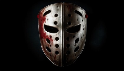 metallic hockey mask with blood splatter on black background for horror branding, halloween poster, or thriller web design
