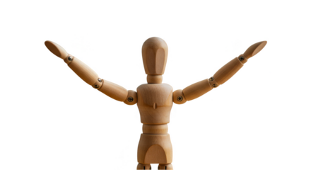 Wooden Mannequin Figure with Raised Arms Isolated on Transparent Background