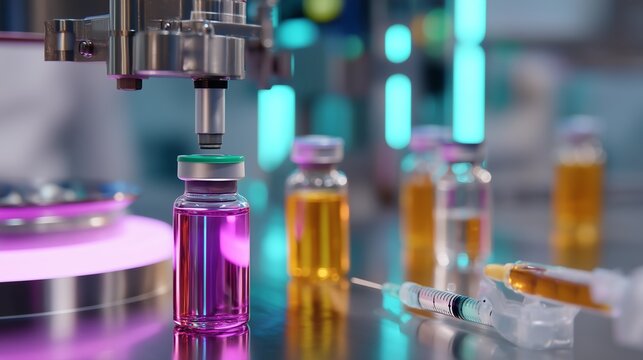 Detailed view of a sophisticated lab setup for vaccine preparation with colorful vials and advanced equipment