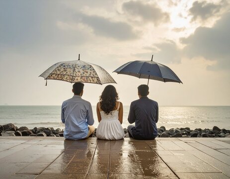 Three Indian friends sitting on the Mumbai's marine drive enjoying the cosy weather during monsoon season of India at Mumbai.