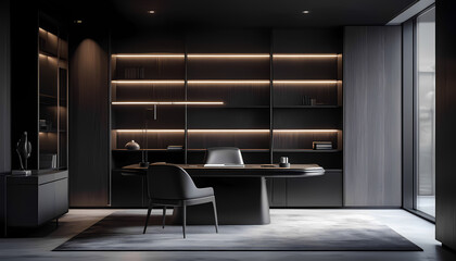 Stylish modern office in dark tones with a large desk, ergonomic chair, built-in shelves with lighting and a panoramic window.