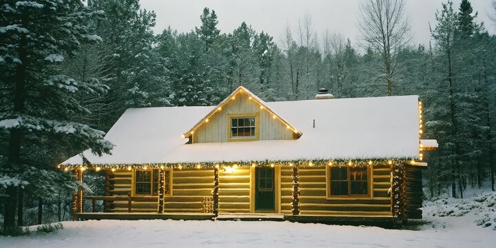 Snow-covered Log Cabin with Lights