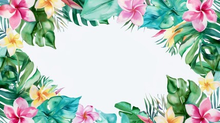 Fototapeta premium Watercolor tropical floral frame border with leaves and flowers, in shades of pink, green, yellow, and blue, on a white background
