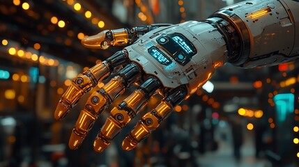 Futuristic robot hand cityscape