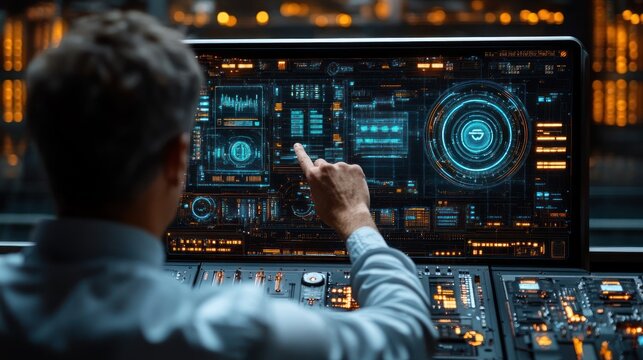 Man uses touchscreen in control room with city night view - Powered by Adobe