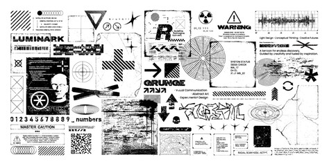 Old industrial inscriptions, grunge textures, overlay stamps, signs and symbols with the effect of damage, scratches, torn, worn. Grunge overlay stamps, retrofuturistic tables and inscriptions. Vector