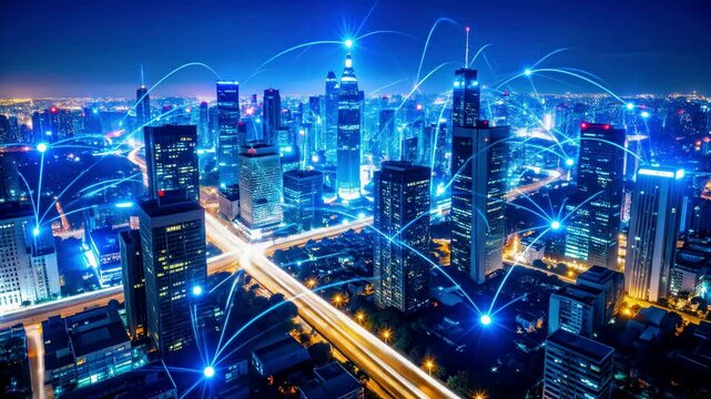 Top down night view of a smart city skyline interconnected by glowing blue lines, symbolizing digital communication, IoT, and data networks in an urban infrastructure.