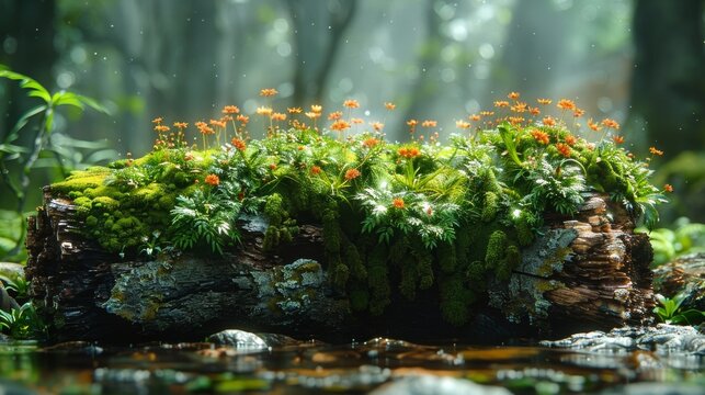 A detailed study of a moss-covered log in a forest, the micro-habitat and its tiny inhabitants depicted with a richness that invites close inspection.