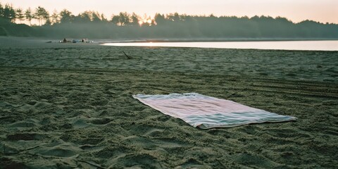 Beach Towel on Sandy Shore at Sunset