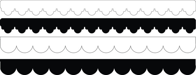 illustration isolated on white background. dividers. Simple scalloped border. Repeat cute vintage frill ornament. Texture ribbons. Vector  Scalloped edge seamless set. borders and 