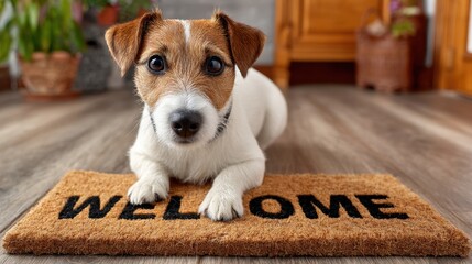 Jack russell terrier puppy lying on welcome mat greeting guests
