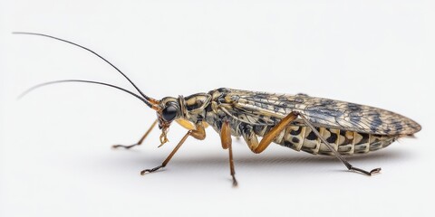 Detailed close-up of a speckled insect with long antennae against a clean white background.