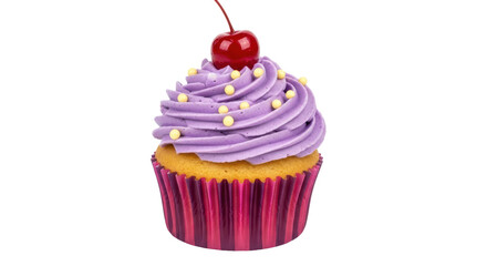 Isolated Cupcake with Purple Frosting Cherry and Sprinkles