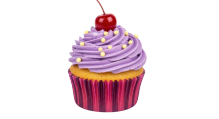 Isolated Cupcake with Purple Frosting Cherry and Sprinkles