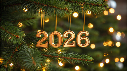Cozy New Year 2026 Celebration with Gold Ornaments Hanging on Pine Tree Branch and Warm Bokeh Lights