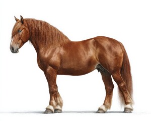Fototapeta premium Majestic chestnut draft horse, powerfully built, stands against a white background.