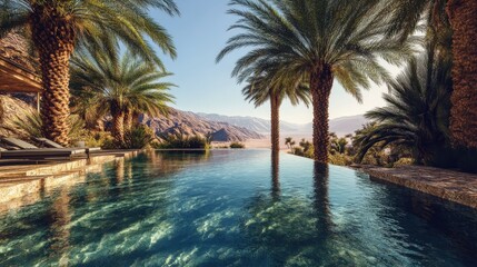 Fototapeta premium Serene infinity pool nestled amidst palm trees.