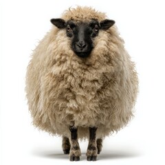 Fluffy sheep with a dark face stares directly at the camera.