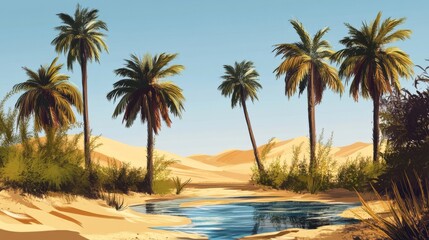 Fototapeta premium Digital painting of a desert oasis with palm trees.