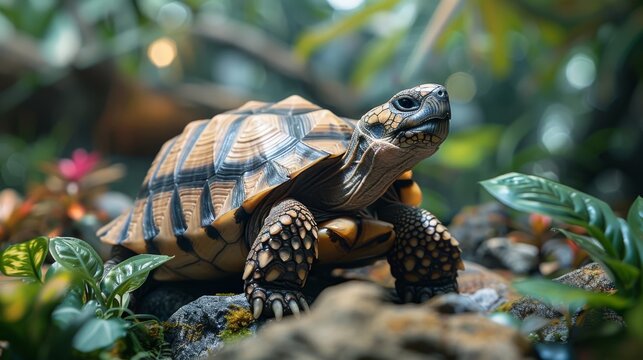 A dignified tortoise slowly exploring a rock garden, with detailed textures of its shell and skin, set in a peaceful, natural setting.