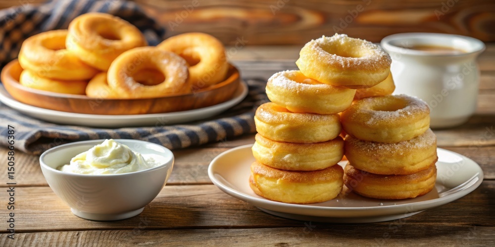 Poster a stack of powdered donuts on a white plate with a bowl of whipped cream and a cup of coffee in the 