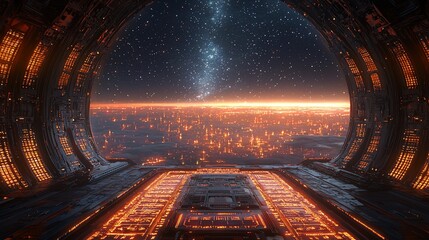 Futuristic Spaceship View Cityscape