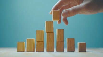 Hand adding a wooden block to a stacked bar graph representation