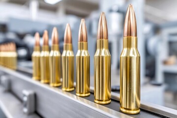 Close-up of rifle cartridges on a conveyor belt, freshly manufactured ammunition in a factory setting.