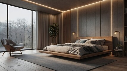Modern bedroom with wooden platform bed and large windows.