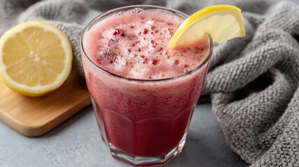 Red juice blend of apples, beets, and carrots served in a glass on wooden board with fresh ingredients on a light blue background