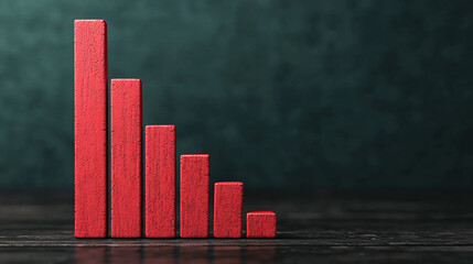 A red bar graph with descending columns is displayed on a dark wooden surface against a green background, representing a downward trend or decline.