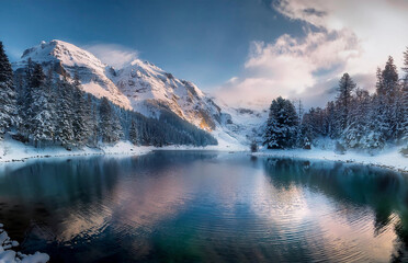 Majestic winter landscape with snow-covered pine trees and mountain peaks under a clear blue sky. A serene and untouched alpine scene, capturing the pure beauty of nature in its coldest season