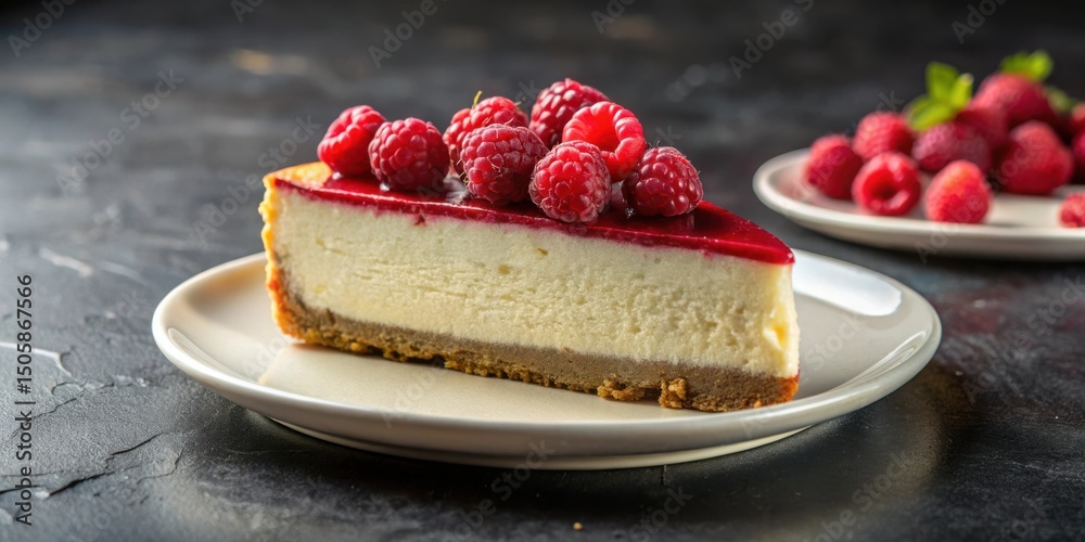 Poster A slice of creamy cheesecake topped with a vibrant red raspberry glaze and fresh raspberries on a white plate