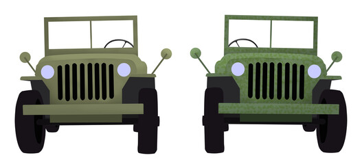 Two classic off-road vehicles of the 40s army isolated. Drawing, illustration.