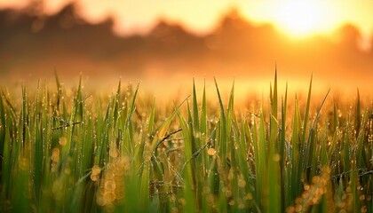 dew on rice leaves at sunrise with warm colors in a tranquil scene