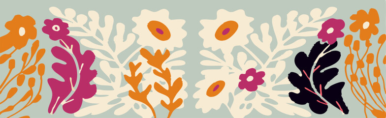 Floral Pattern Design: Orange, Pink, and Black Flowers and Leaves