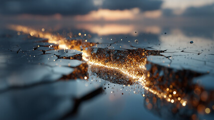 A fractured mirror reflects varying daylight, with quantum particles in the background, visualizing the fluidity of time and space.