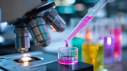 Laboratory experiment with colorful liquids and a microscope during a scientific investigation
