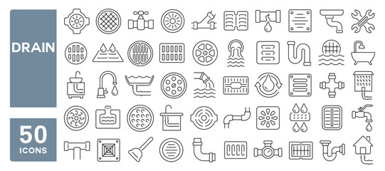 Set of 50 line icons related to drain, drainage, pipeline, sewage, sewer, gutter, grate, Editable stroke. Vector illustration