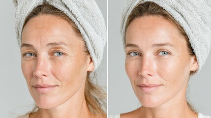 Woman showing before and after anti-aging skin treatment