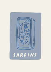 Vintage nautical poster wall art. Art print with hand drawn open sardines can, blue line art. Vector a4 canned sardines card. Perfect for coastal kitchen interior, cafe decor.