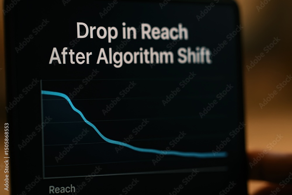 Poster analysis of a graph showing decline in reach following a significant algorithm change