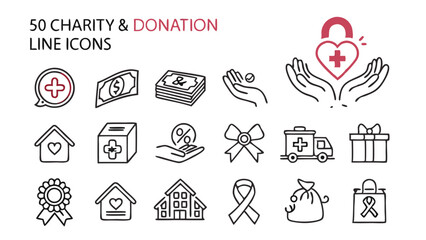 Minimal Charity & Donation Line Icons – Helping Hands, Donations & Community Support Symbols