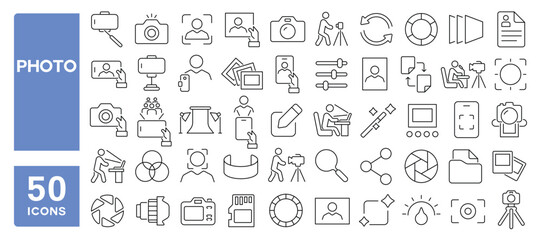 Set of 50 line icons related to photo, selfie, picture, camera, gallery, tripod, capture, Editable stroke. Vector illustration