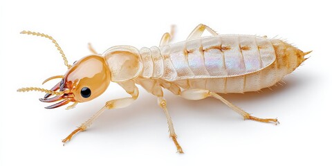 Close-up of a termite, showcasing its intricate body and delicate features against a stark white backdrop.