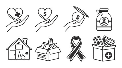Minimal Charity & Donation Line Icons – Helping Hands, Donations & Community Support Symbols