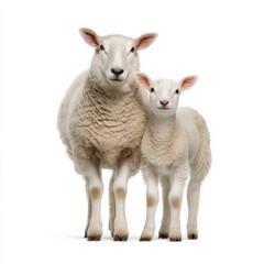 Fototapeta premium A ewe and her lamb stand together, showcasing their fluffy white coats against a stark white background.